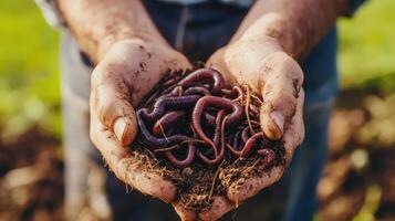 Close-up of hands holding mix of red and yellow worms, essential for composting and soil health. photo