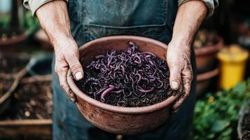 Farmer holding bowl filled with compost and red worms, promoting sustainable organic farming methods photo