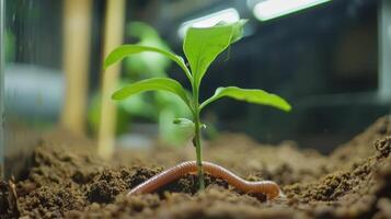 Close-up of seedling growing in dark soil under warm sunlight, symbolizing new beginnings and farming photo