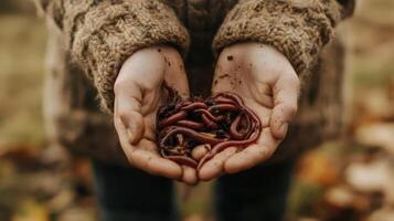Close-up of hands holding and offering live composting worms, promoting natural soil enrichment. photo