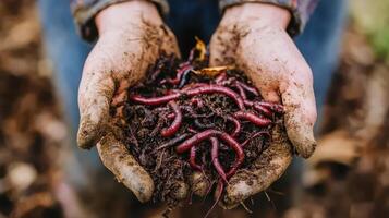 Close-up of hands holding bunch of earthworms in compost, contributing to natural soil enrichment photo