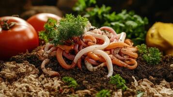 A mix of fresh vegetables with earthworms crawling on compost, promoting soil health and sustainability photo