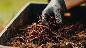 Farmer managing red worms in outdoor composting tray for sustainable organic waste recycling photo