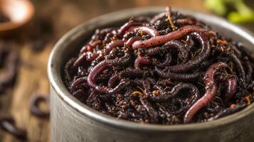 Close-up of red worms in compost bin for organic waste recycling and vermicomposting process photo