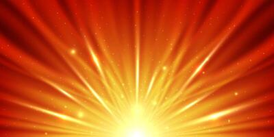 Radiant Golden Light Rays with Glowing Particles with glitter effect on red Background vector