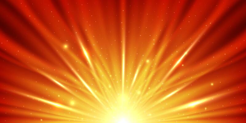 Radiant Golden Light Rays with Glowing Particles with glitter effect on red Background