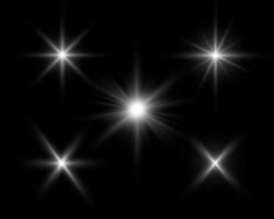 Glowing white sparkles light effect on dark background. Flare, explosion, stars, starbursts, rays vector
