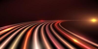 Vibrant light trails on dark background, glowing lines high speed traffic road, long time exposure, motion blur effect vector