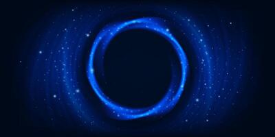 Glowing blue circular light effect dark starry background, swirl spiral glitter presentation banner vector