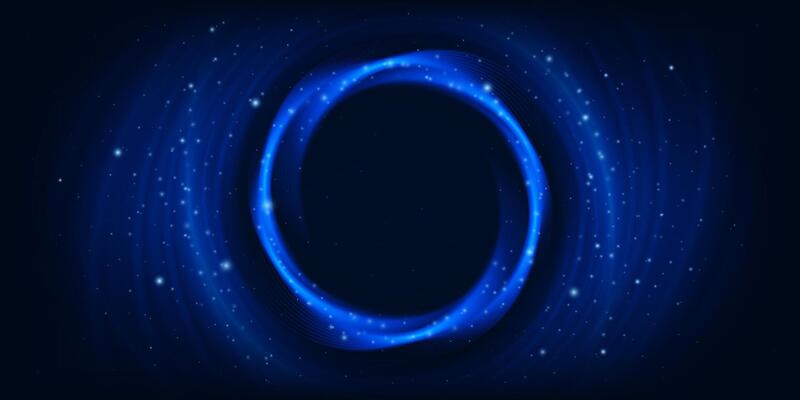 Glowing blue circular light effect dark starry background, swirl spiral glitter presentation banner