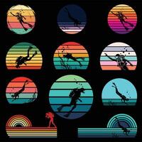 Retro Sunset with Scuba Diving Silhouette Bundle vector