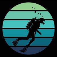 Scuba Diver Silhouette on Retro Sunset Background vector