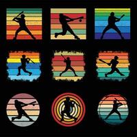 Set of Baseball Silhouette with Retro Sunset Illustration vector