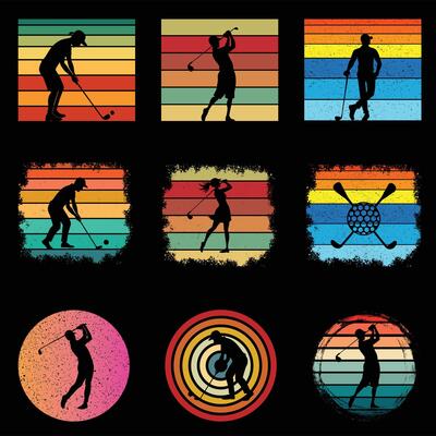 Collection of Golf Silhouette with Retro Sunset Illustration