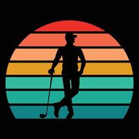 Vintage Sunset with Golf Silhouette and Player vector