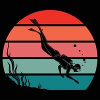 Scuba Diver Silhouette with Sunset Retro Background Art vector
