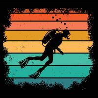 Scuba Diving Silhouette at Sunset in Retro Style vector