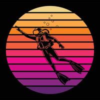 Retro Sunset with Scuba Diver Silhouette Design vector