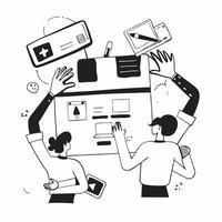 2D minimalize icon as Business team working on a digital project concept as A icon illustration of a business team working on a digital project with multiple screens and device Dynamics vector