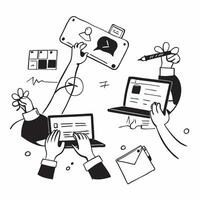 2D minimalize icon as Creative team working on a digital marketing campaign concept as A icon illustration of a creative team working on a digital marketing campaign using lapt Dynamics vector