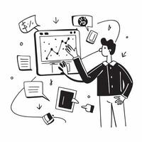 2D minimalize icon as Financial expert discussing market trends concept as A icon illustration of a financial expert discussing market trends with colleagues using graphs and c Dynamics Set 2 vector