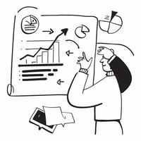2D minimalize icon as Investment banker evaluating financial reports concept as A icon illustration of an investment banker in an office evaluating financial reports with chart Dynamics vector