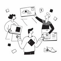 2D minimalize icon as Marketing consultant collaborating with clients concept as A icon illustration of a marketing consultant collaborating with clients using laptops and digi Dynamics vector