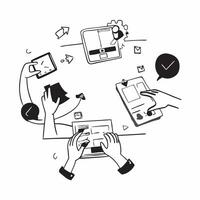 2D minimalize icon as Product team collaborating on new features concept as A icon illustration of a product team collaborating on new features using laptops and digital tools Dynamics vector