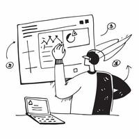 2D minimalize icon as Stock market analyst using big data for analysis concept as A icon illustration of a stock market analyst using big data on a computer for stock market an Dynamics Set 2 vector
