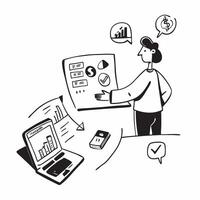 2D icon as Business consultant analyzing financial data concept as A icon illustration of a business consultant in an office analyzing financial data on a laptop highlighting e Dynamics vector