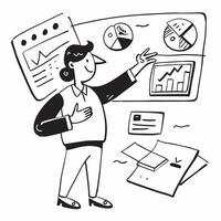 2D icon as Investment banker evaluating financial reports concept as A icon illustration of an investment banker in an office evaluating financial reports with charts and graph Dynamics vector