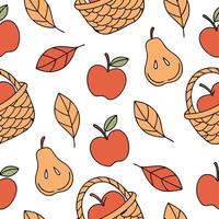 Autumn harvest seamless pattern with ripe apples pears and baskets for a natural farm inspired aesthetic concept as Farm inspired autumn harvest pattern featuring ripe apples pears Dynamics vector