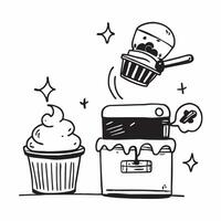 Baker frosting glossy cupcakes for a World Food Day party concept as Camera movement Zoom into the glossy frosting on the cupcakes Scene A bakery kitchen with baking tools Detail Dynamics vector