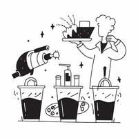 Bartender mixing glossy drinks for a World Food Day celebration concept as Camera movement Slide across the glossy drinks on the bar Scene A trendy bar with a festive atmosphere Dynamics vector