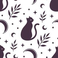 Black cats and witches seamless tile pattern with mystical elements and dark colors for magical Halloween decor concept as Mystical black cats and witches arranged seamlessly with Dynamics vector