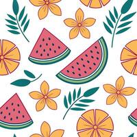 Bold summer seamless pattern with tropical fruit slices and bright floral accents for a fun tropical look concept as Tropical fruit and flower pattern with bold slices and bright c Dynamics vector