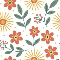 Bright summer seamless pattern with floral blooms and radiant sun beams for a lively cheerful vibe concept as Cheerful floral summer pattern with vibrant blooms and radiant sun bea Dynamics vector