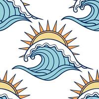 Bright summer waves seamless pattern with energetic sunbursts and colorful ocean waves for high energy designs concept as High energy summer wave pattern with sunbursts and colorfu Dynamics vector