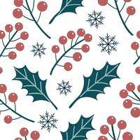 Bright winter seamless pattern with red berries holly leaves and snowflakes for a festive holiday mood concept as Festive winter pattern with red berries holly leaves and snowflake Dynamics vector