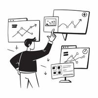 Business analyst evaluating stock performance on multiple screens concept as A business analyst in a modern office evaluating stock performance on multiple screens highlighting dat Dynamics vector