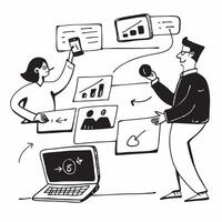 Business development team collaborating on growth strategies concept as A icon illustration of a business development team collaborating on growth strategies using laptops and di Dynamics vector