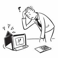 Businessman looking at a broken laptop appearing frustrated concept as A businessman in a suit looking at a broken laptop on his desk appearing frustrated and stressed in a modern Dynamics vector