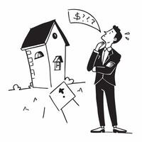 Businessman looking at a foreclosed property appearing sad and contemplative concept as A businessman in a suit standing in front of a foreclosed property looking sad and contempla Dynamics vector