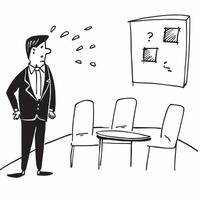 Businessman standing in a boardroom looking at an empty chair appearing reflective concept as A businessman in a suit standing in a boardroom looking at an empty chair with a refle Dynamics vector