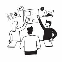 Business team brainstorming social media strategy concept as A business team in a modern office brainstorming social media strategies using laptops and whiteboards highlighting tea Dynamics vector