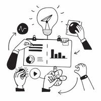Business team collaborating on a marketing strategy concept as A icon illustration of a business team collaborating on a marketing strategy using digital tools and charts with an Dynamics vector