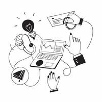 Business team collaborating on a digital transformation project concept as A icon illustration of a business team collaborating on a digital transformation project using laptops Dynamics vector