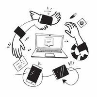 Business team collaborating on a customer engagement strategy concept as A icon illustration of a business team collaborating on a customer engagement strategy using laptops and Dynamics Set 2 vector