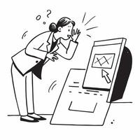 Businesswoman looking at a crashed website appearing devastated concept as A businesswoman in a suit looking at a crashed website on her laptop appearing devastated and stressed in Dynamics vector