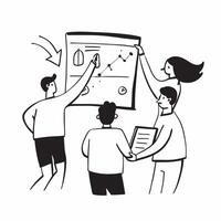 Business team planning next quarters strategy in a meeting concept as A icon illustration of a business team planning next quarters strategy in a meeting using a 3 color scheme t Dynamics vector